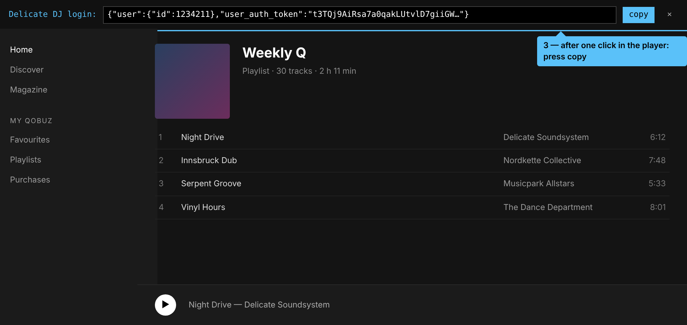 Blue helper bar at the top of the Qobuz player with the copy button