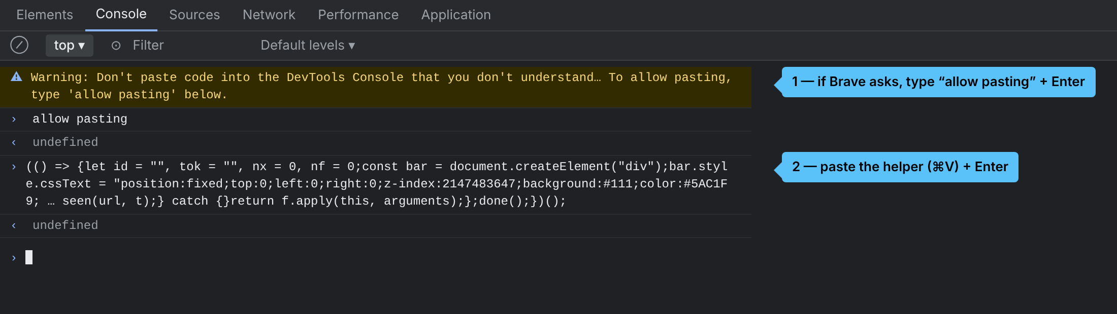 DevTools console with the helper pasted